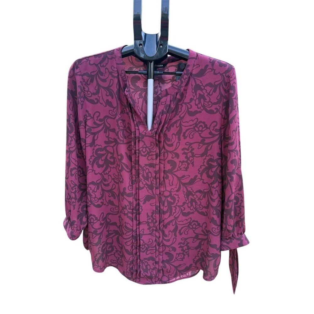 41 Hawthorn Blouse Womens XL Purple Floral Split V-Neck 3/4 Tie Sleeve